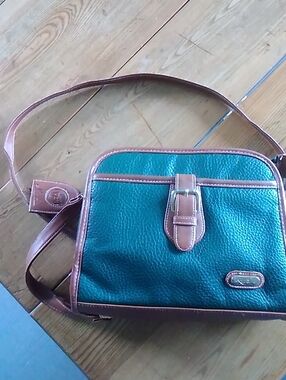 Teal Crossbody Bag with Brown Leather Trim and Buckle Accent